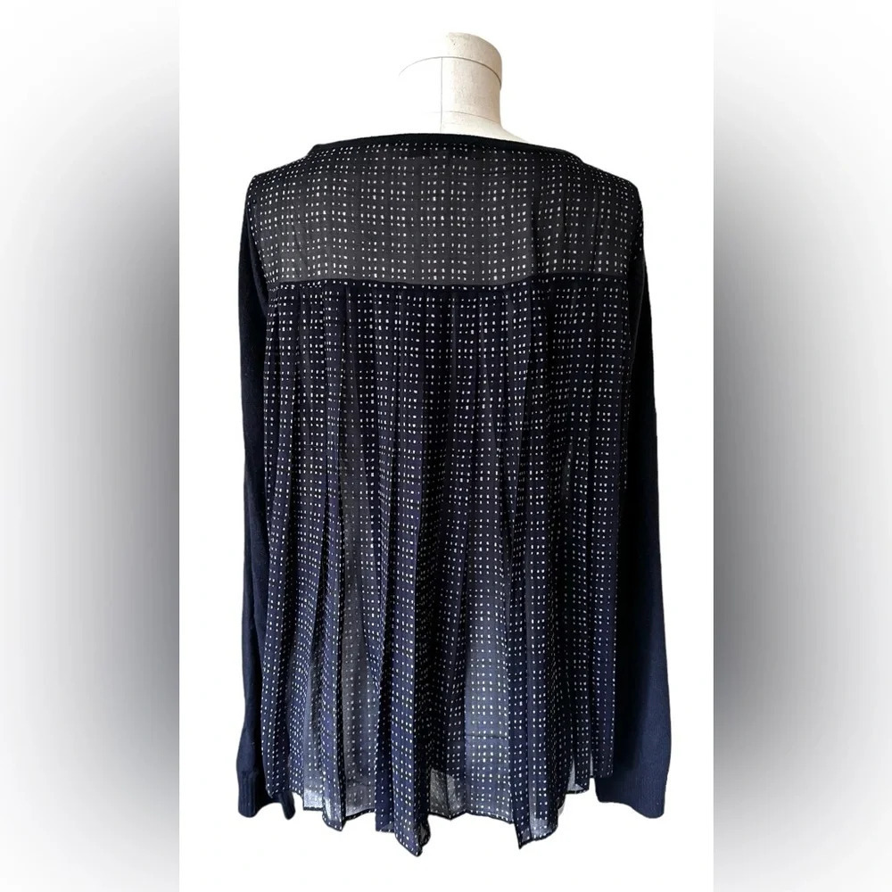 LOFT Mixed Media Pleated Chiffon Sweater, Navy blue plaid, size medium - Picture 7 of 13